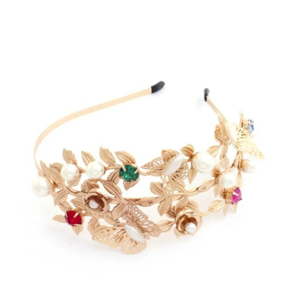 Goldtone Rhinestones faux pearls roses and butterflies headband NWT wedding prom